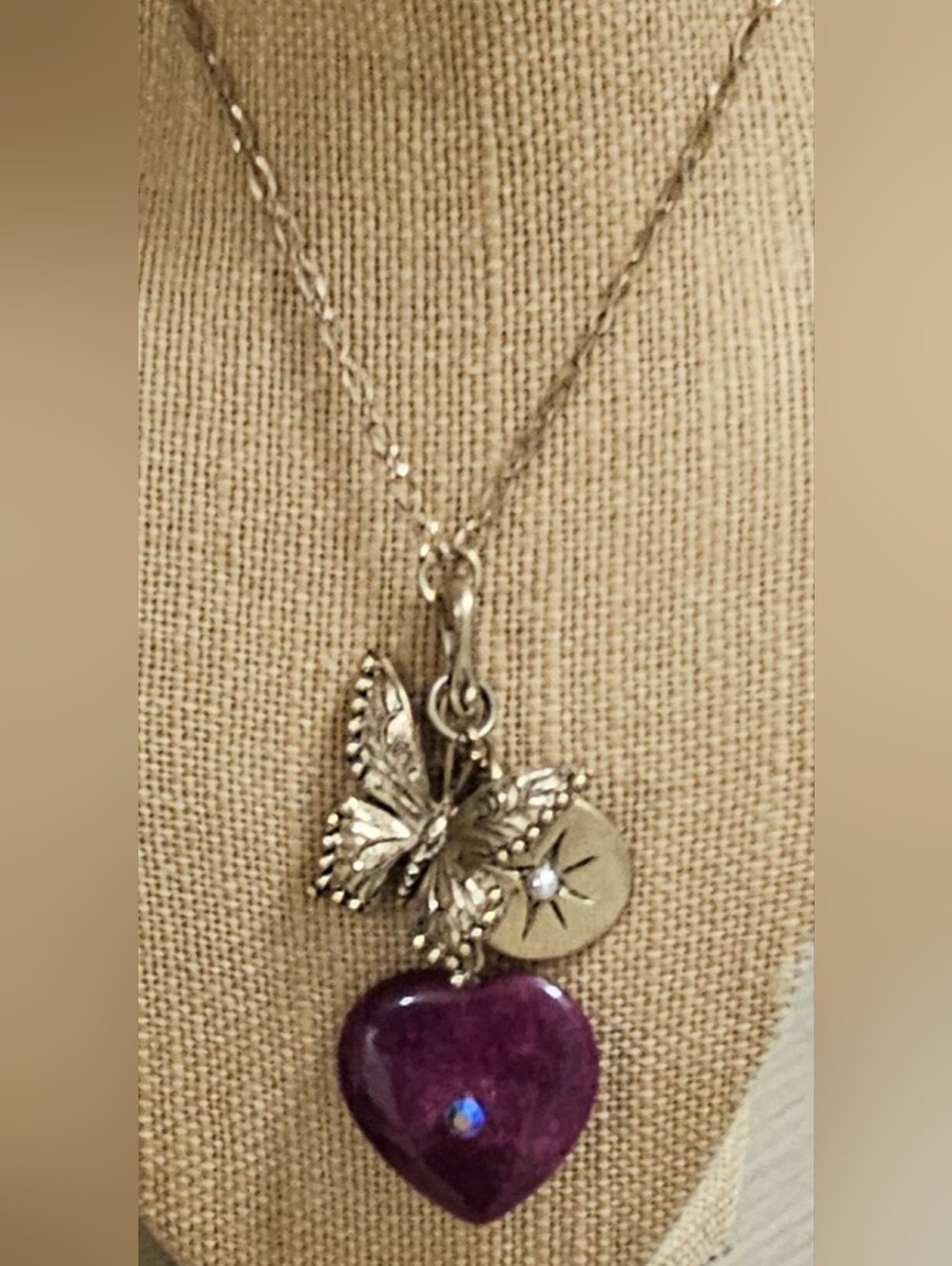 VINTAGE White House Black Market Magenta Agate Heart Butterfly Gold Long Necklac